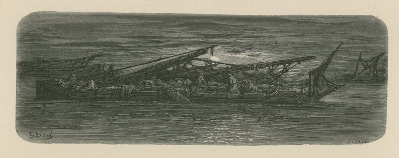 Ludzie na pokładzie łodzi na Tamizie autorstwa Gustave Dore