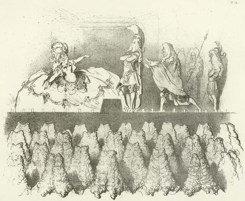 Racine wykonywane przed sądem wersalskim 1695 (grawiura) autorstwa Gustave Dore