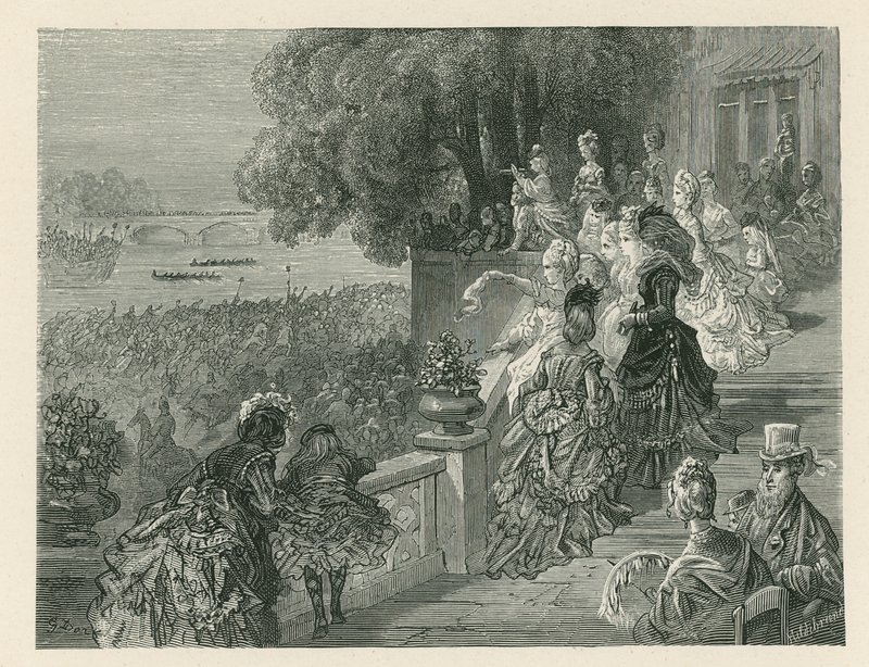 Widzowie oglądający wyścig łodzi autorstwa Gustave Dore