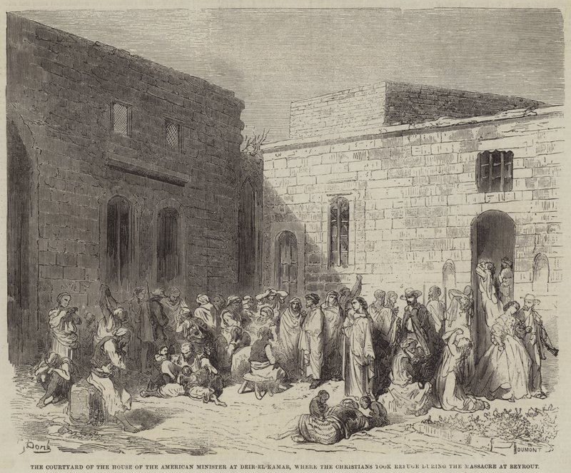 Dziedziniec Domu Amerykańskiego Ministra w Deir-el-Kamar, gdzie chrześcijanie zabrali ? autorstwa Gustave Dore