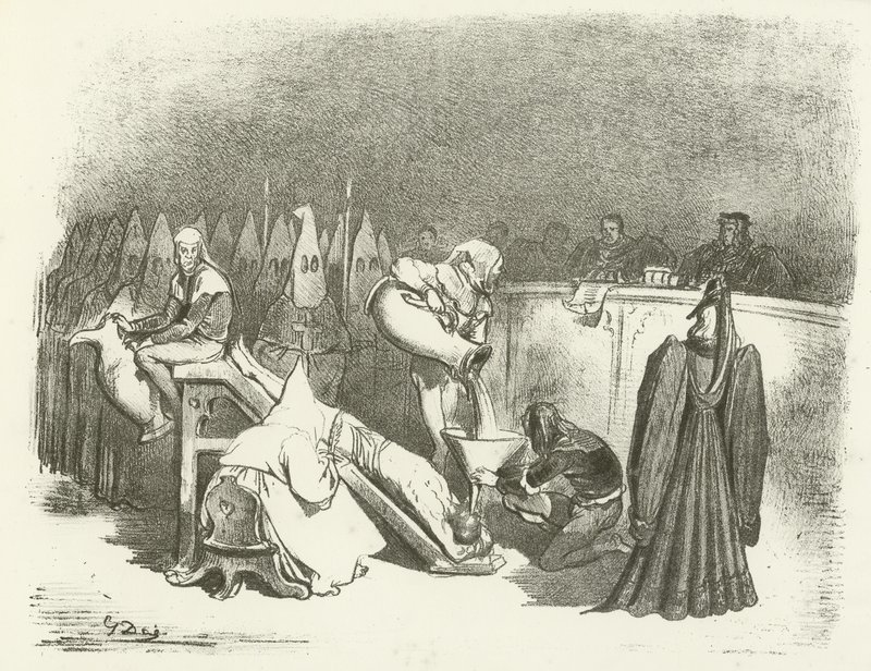 Inkwizycja - Tortury wodne (wklęsłodruk) autorstwa Gustave Dore