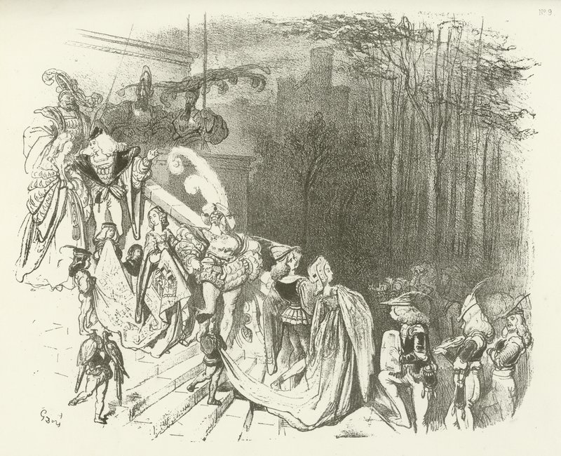 Władcy i damy zamku. Początek XVI wieku (grawiura) autorstwa Gustave Dore