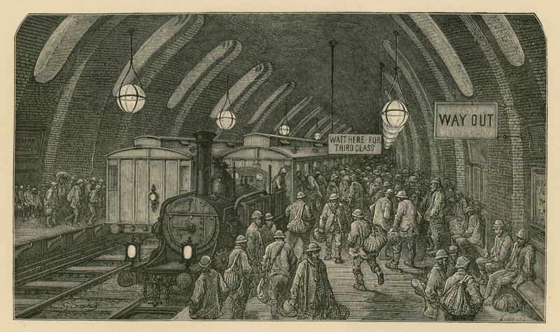 Pociąg robotniczy (grawerowanie) autorstwa Gustave Dore