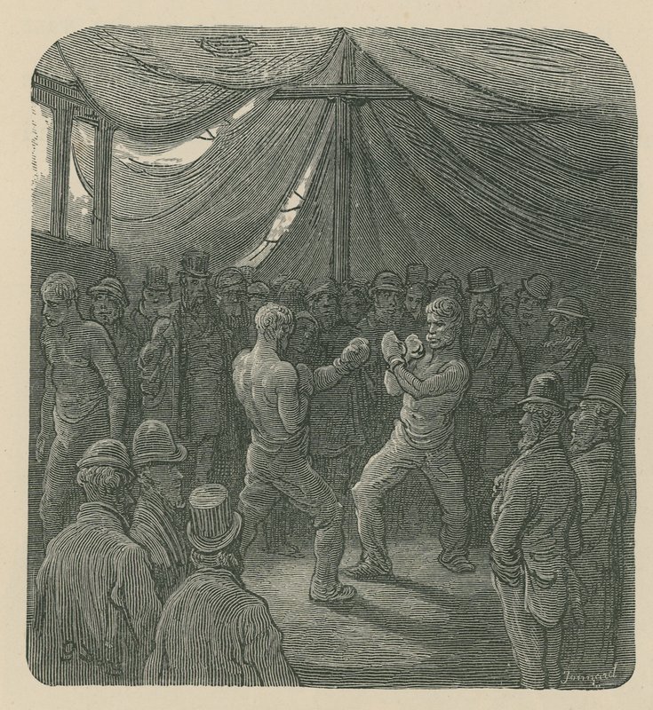 Dwóch mężczyzn boksujących jak tłum patrzy autorstwa Gustave Dore