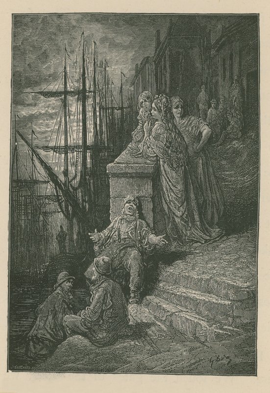 Rodzina Watermana na schodach nad Tamizą autorstwa Gustave Dore