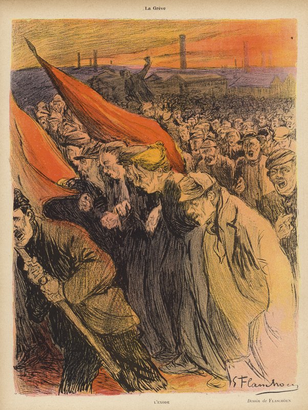 Strajk przemysłowy: Exodus, ok. 1902 (kolor lito) autorstwa Gustave Flasschoen