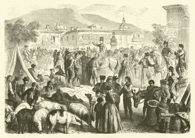 Doroczny jarmark miasta Alcala, Hiszpania (grafika) autorstwa Gustave Janet