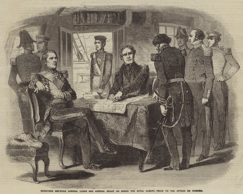 Wywiad między admirałem Lyonsem a admirałem Bruatem na pokładzie Royal Albert przed atakiem na Kinburn autorstwa Gustave Janet