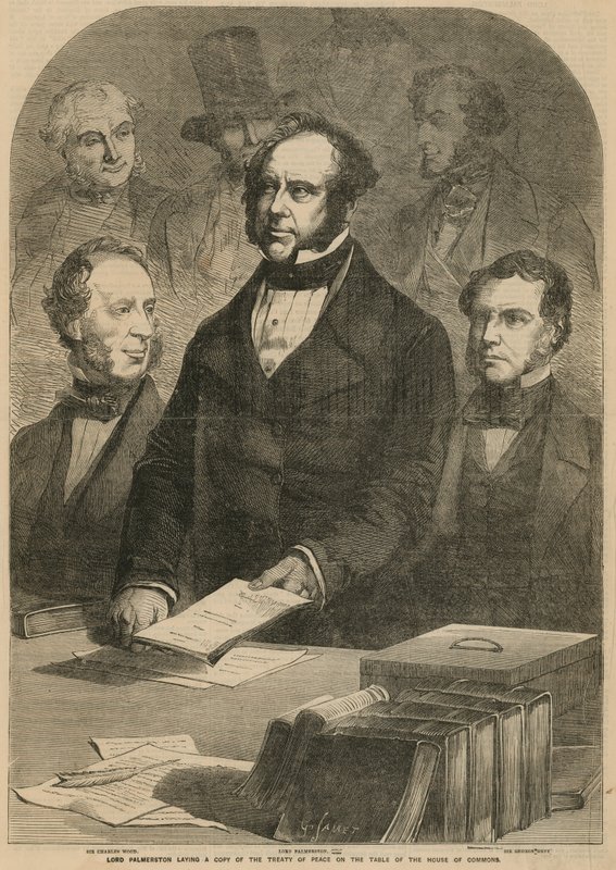 Lord Palmerston kładzie kopię traktatu pokojowego na stole w Izbie Gmin autorstwa Gustave Janet