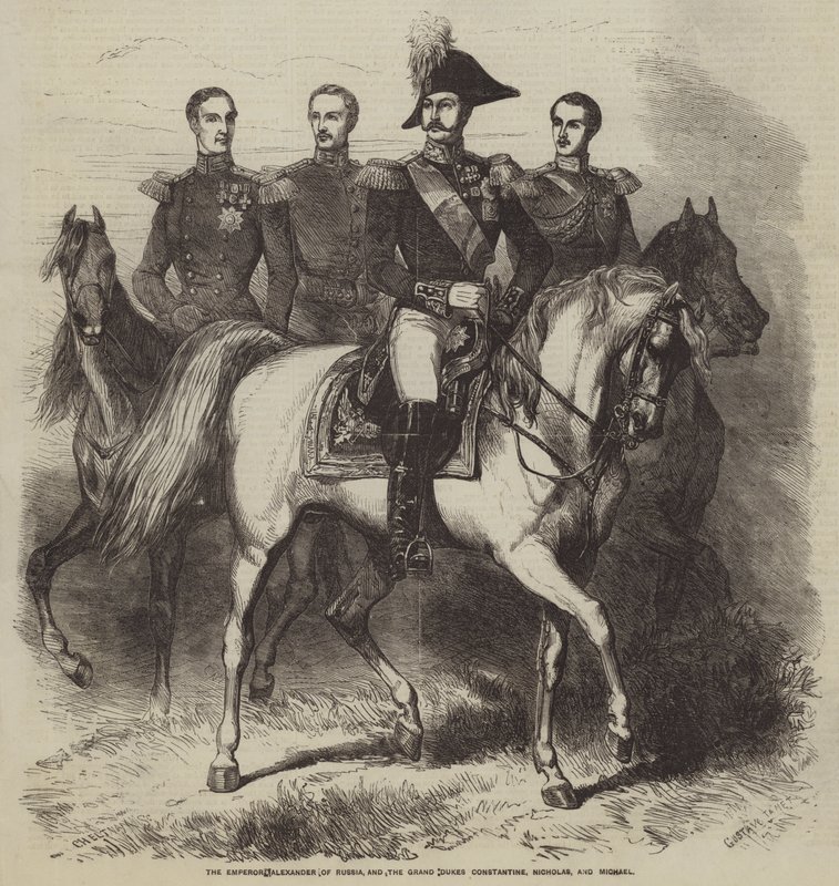 Cesarz Rosji Aleksander oraz wielcy książęta Konstantyn, Mikołaj i Michał autorstwa Gustave Janet