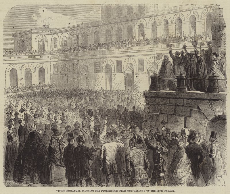 Victor Emmanuel pozdrawiający Florentczyków z Galerii Pałacu Pitti autorstwa Gustave Janet