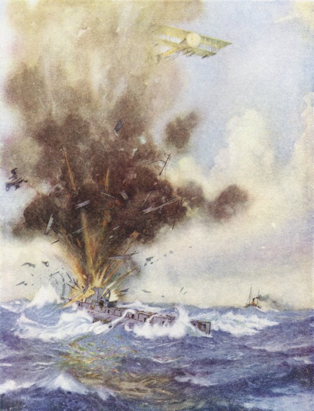 Dowódca eskadry Arthur Bigsworth atakuje bombami niemiecką łódź podwodną, która zalewa Ostenda, Belgia, 26 sierpnia 1915 autorstwa H. G. Swanwick