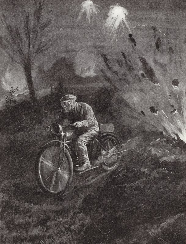 Lance-Corporal C C Parrott przewożący wiadomości na swoim motocyklu po drogach ogarniętych ostrzałem artyleryjskim, I wojna światowa autorstwa H. Ripperger