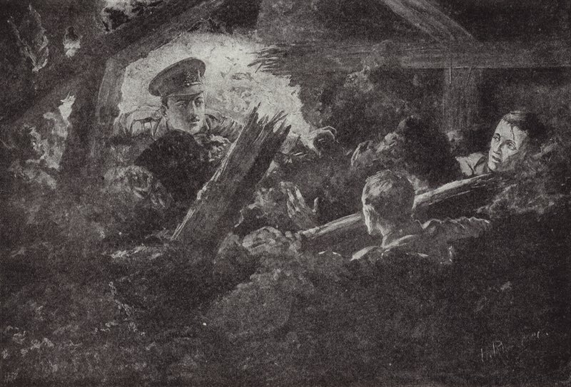 Podporucznik Cecil Calvert wydobywa i ratuje dwóch mężczyzn z chodnika minowego, który wpadł do środka, 6 września 1915 r. autorstwa H. Ripperger