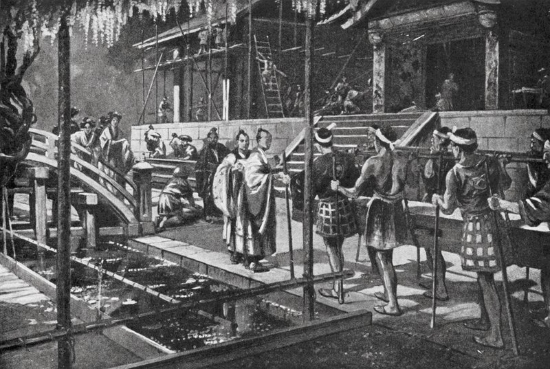 Budowa nowego pałacu dla cesarza (litografia) autorstwa H. M. (after) Burton