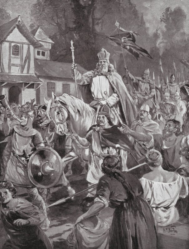Karol Wielki wracający do Brukseli, swojej wiejskiej siedziby (litografia) autorstwa H. M. (after) Burton