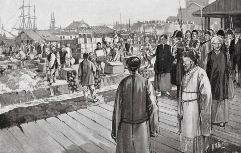 Komisarz Lin niszczy tysiące skrzyń opium (litografia) autorstwa H. M. (after) Burton