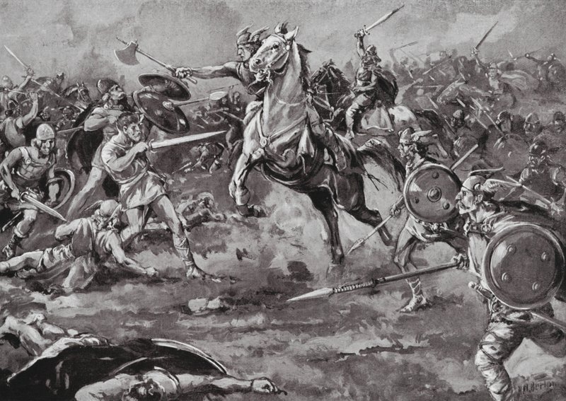 Pomoc Franków w pokonaniu Hunów (litografia) autorstwa H. M. (after) Burton