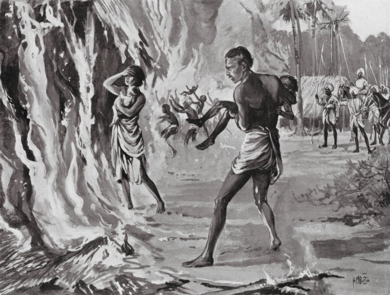 Mieszkańcy wioski palą się, aby uniknąć Pindharis autorstwa H. M. (after) Burton