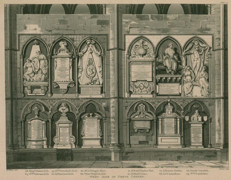 Zachodnia strona Poets Corner, Westminster Abbey, Londyn autorstwa H. Villiers