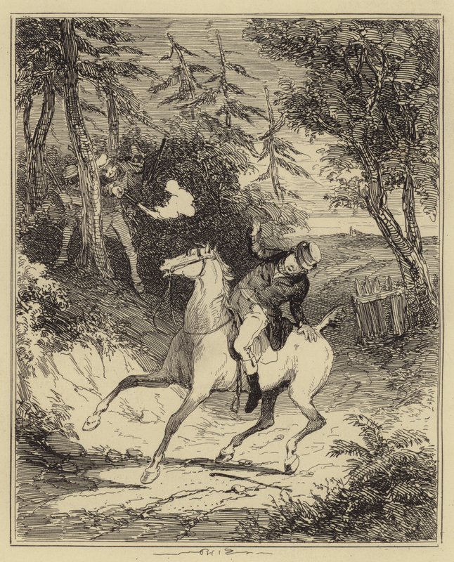 Luddyci strzelający do pana Horsfalla (rycina) autorstwa Hablot Knight (1815 92) (after) Browne
