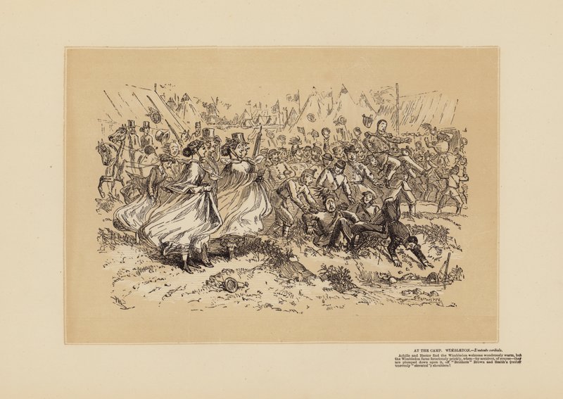 Spotkanie na Wimbledonie, nr 1, Koń wojenny (rycina) autorstwa Hablot Knight (1815 92) Browne