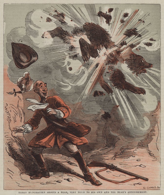 Baron Munchausen strzela do niedźwiedzia, ku własnemu zdumieniu niedźwiedzia (kolor lito) autorstwa after Hablot Knight Browne