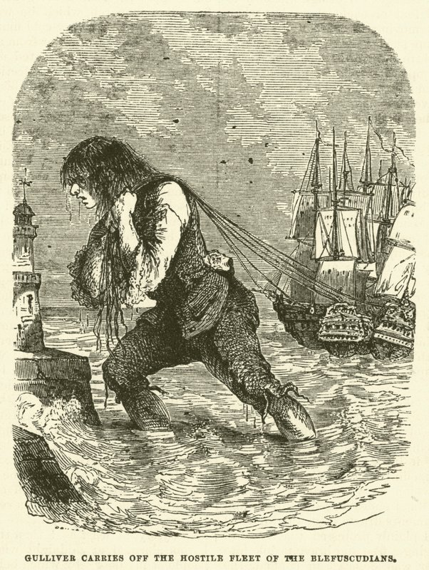Guliwer porywa wrogą flotę Blefuscudian (rycina) autorstwa after Hablot Knight Browne