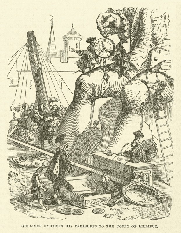 Guliwer wystawia swoje skarby na dwór Lilliput (rycina) autorstwa after Hablot Knight Browne