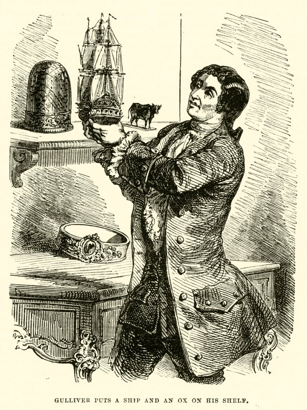 Guliwer kładzie statek i wołu na swojej półce (rycina) autorstwa after Hablot Knight Browne
