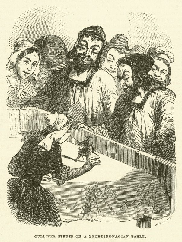 Rozpórki Guliwera na stole Brobdingnagian (grawerunek) autorstwa after Hablot Knight Browne