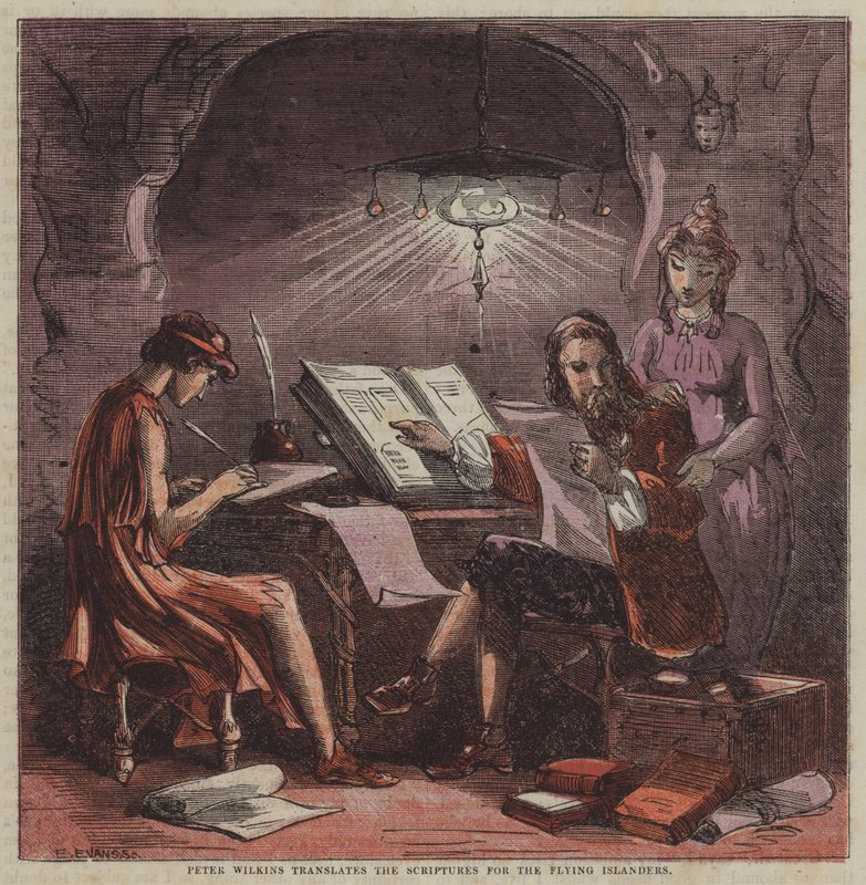 Peter Wilkins tłumaczy pisma dla Latających Wysp (litografia kolorowa) autorstwa after Hablot Knight Browne