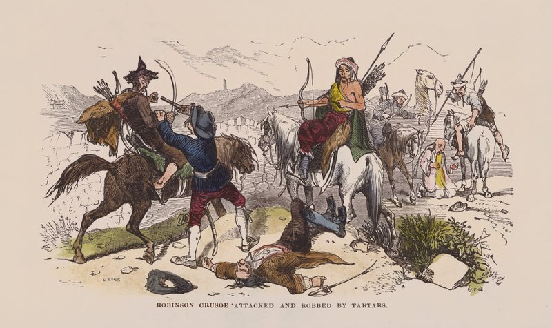 Robinson Crusoe zaatakowany i obrabowany przez Tatarów (kolorowy grawerunek) autorstwa after Hablot Knight Browne