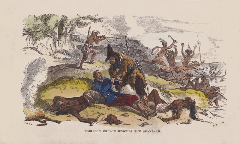 Robinson Crusoe ratuje Hiszpana (kolorowy grawerunek) autorstwa after Hablot Knight Browne
