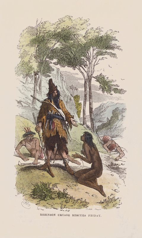 Robinson ratuje piątek (kolorowy grawerunek) autorstwa after Hablot Knight Browne