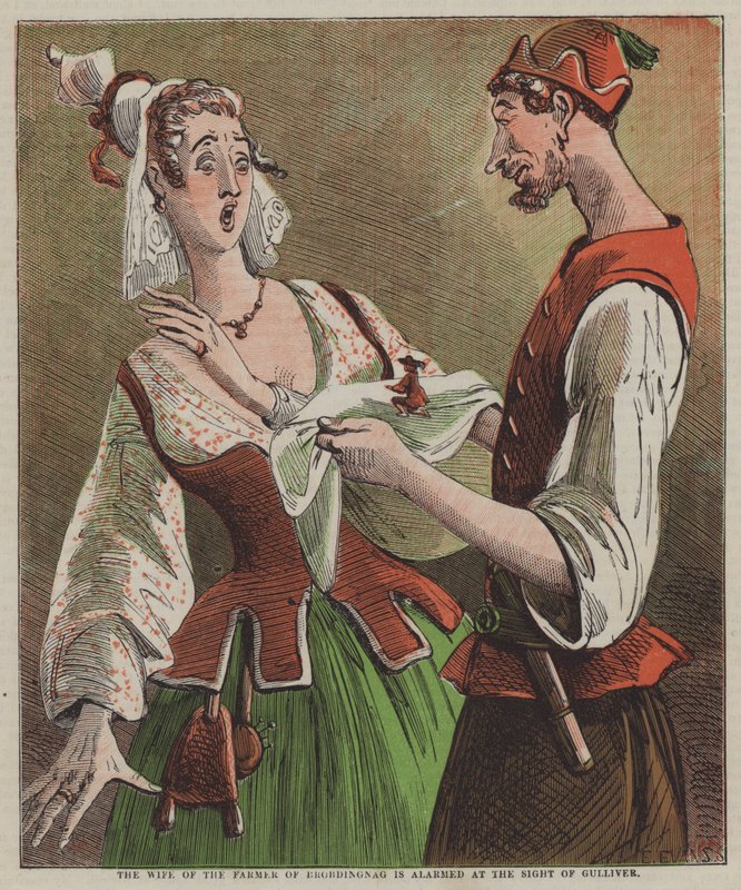 Żona rolnika z Brobdingnag jest zaniepokojona widokiem Guliwera (kolor lito) autorstwa after Hablot Knight Browne