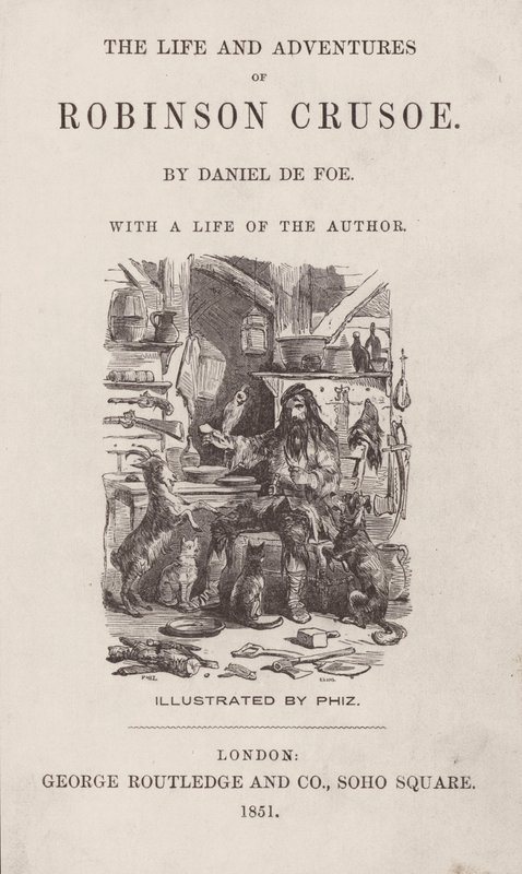 Strona tytułowa The Life and Adventures of Robinson Crusoe (kolorowy grawerunek) autorstwa after Hablot Knight Browne