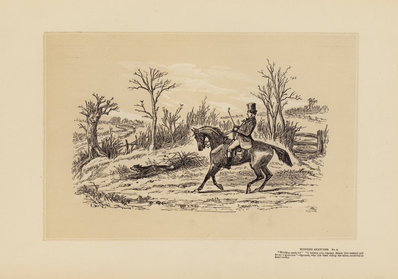 Szkice myśliwskie, nr 4, Człowiek, który jeździł po pasach (rycina) autorstwa Hablot Knight (1815 92) Browne