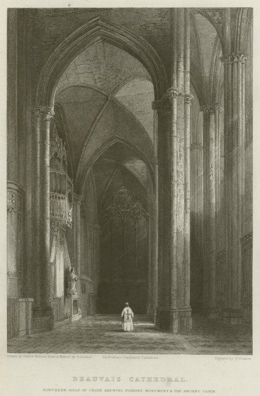 Katedra w Beauvais, północna nawa chóru z pomnikiem Forbinsa i starożytnym zegarem autorstwa Hablot Knight Browne