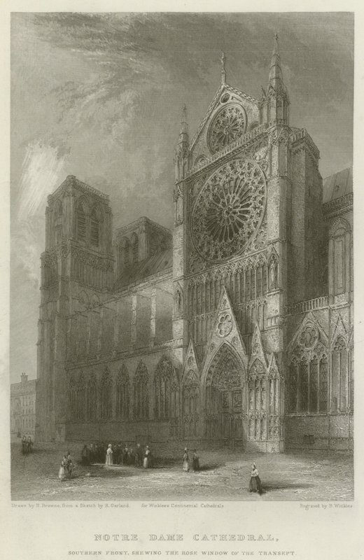 Katedra Notre Dame na froncie południowym z rozetą transeptu autorstwa Hablot Knight Browne