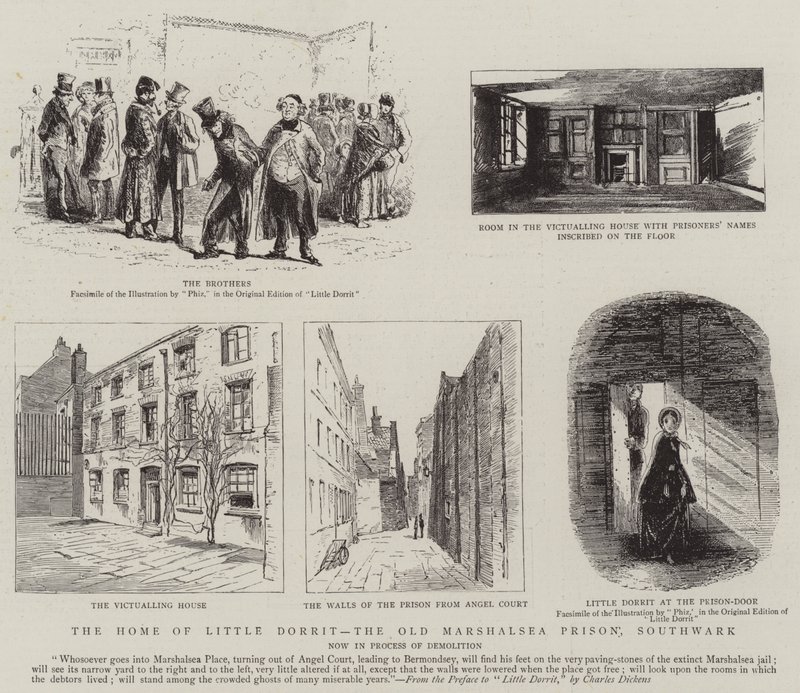 Dom Little Dorrit, stare więzienie Marshalsea, Southwark autorstwa Hablot Knight Browne