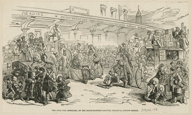 Pośpiech na omnibusy na południowo-wschodniej pętli kolejowej, London Bridge autorstwa Hablot Knight Browne