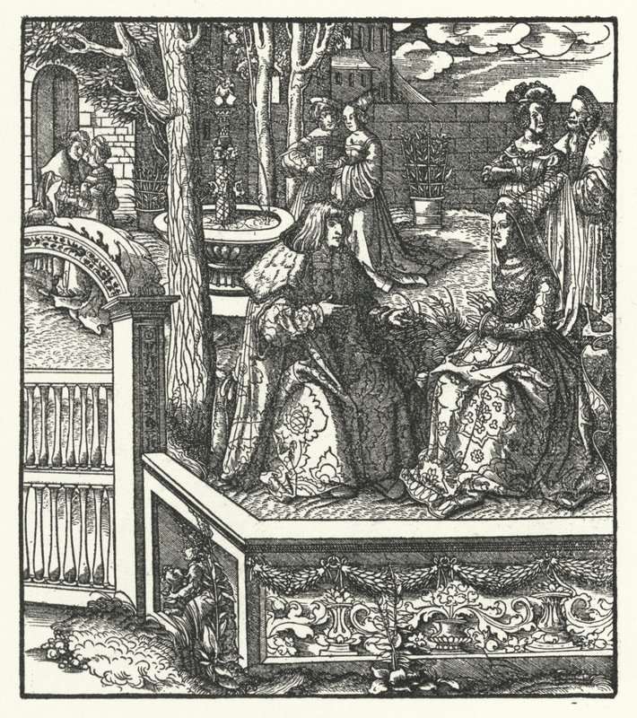 Arcyksiążę Maksymilian Austrii i jego żona Maria Burgundzka uczą się nawzajem swoich języków (rytowanie) autorstwa Hans (after) Burgkmair