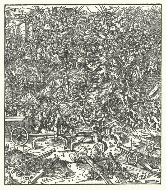Bitwa pod Gwinegate, Francja, 7 sierpnia 1479 (grawerowanie) autorstwa Hans (after) Burgkmair