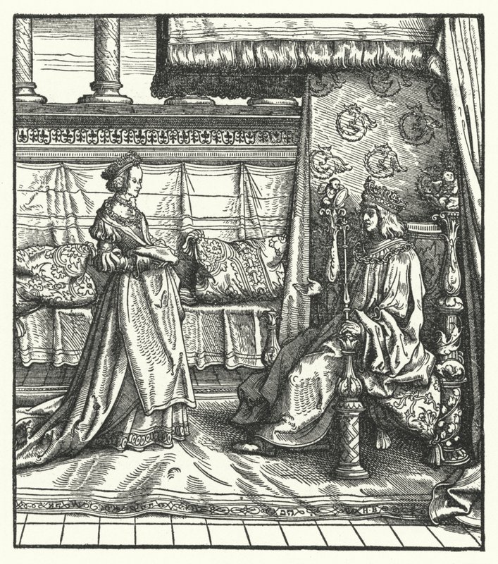 Karol Śmiały, książę Burgundii, z córką Marią, która później poślubiła przyszłego cesarza rzymskiego Maksymiliana I w 1477 (rycina) autorstwa Hans (after) Burgkmair
