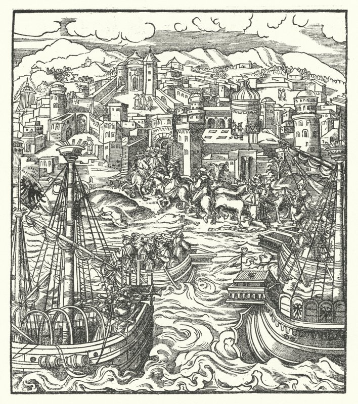 Fryderyk III, cesarz rzymski, przybywający do Rzymu ze swoją narzeczoną, Eleonorą Portugalską autorstwa Hans (after) Burgkmair