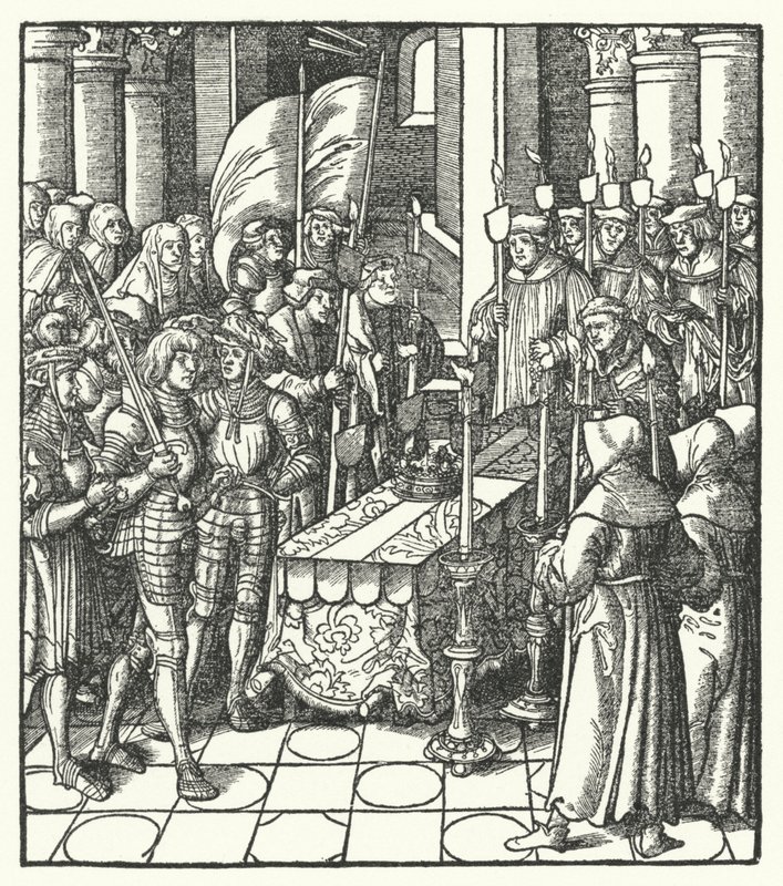 Król Francji Ludwik XII obok trumny swojego poprzednika, króla Karola VIII autorstwa Hans (after) Burgkmair