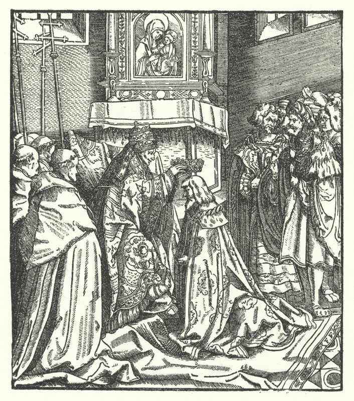 Papież Mikołaj V koronujący Fryderyka III na cesarza rzymskiego w Rzymie autorstwa Hans (after) Burgkmair