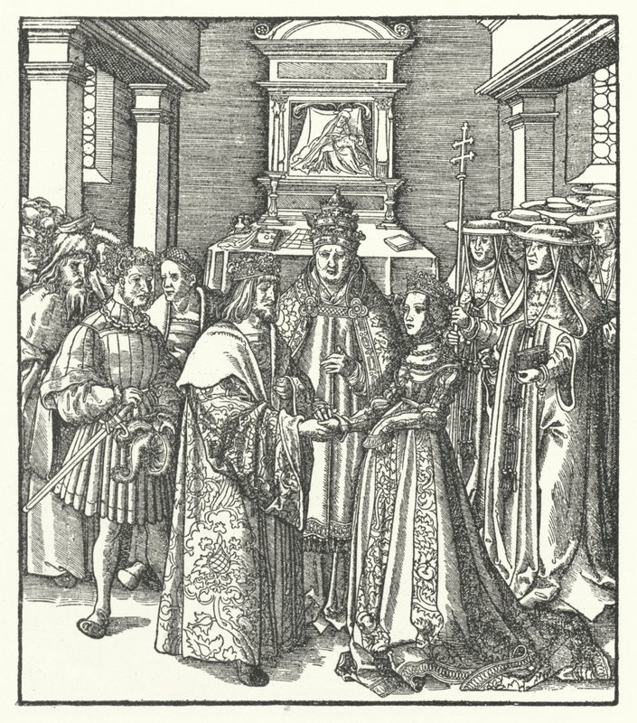 Papież Mikołaj V przewodniczy małżeństwu cesarza Fryderyka III i Eleonory Portugalskiej w Rzymie autorstwa Hans (after) Burgkmair
