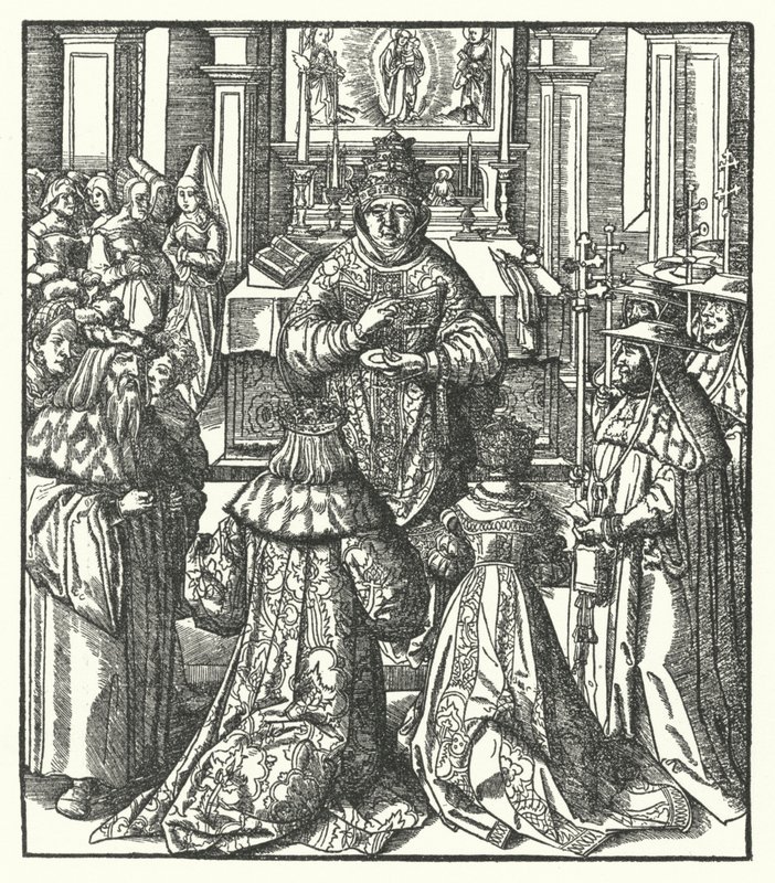 Cesarz Rzymski Fryderyk III i Cesarzowa Eleonora przyjęli Komunię Świętą od Papieża (rycina) autorstwa Hans (after) Burgkmair